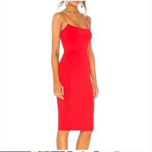 David Lerner Asymmetrical Strap stretch fitted red dress made in USA